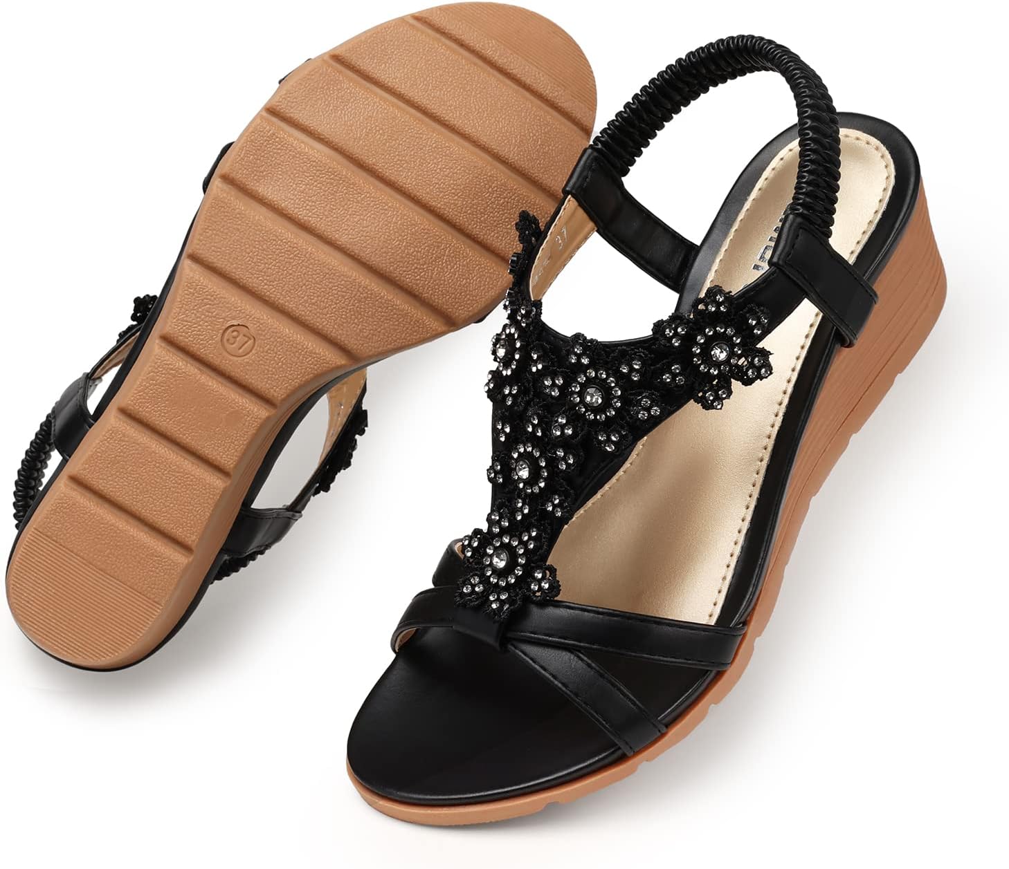 TEMOFON Women's Low Wedge Heels Summer Dressy Platform Sandals Elastic Ankle Strap Open Toe Flower Shoes - Image 7