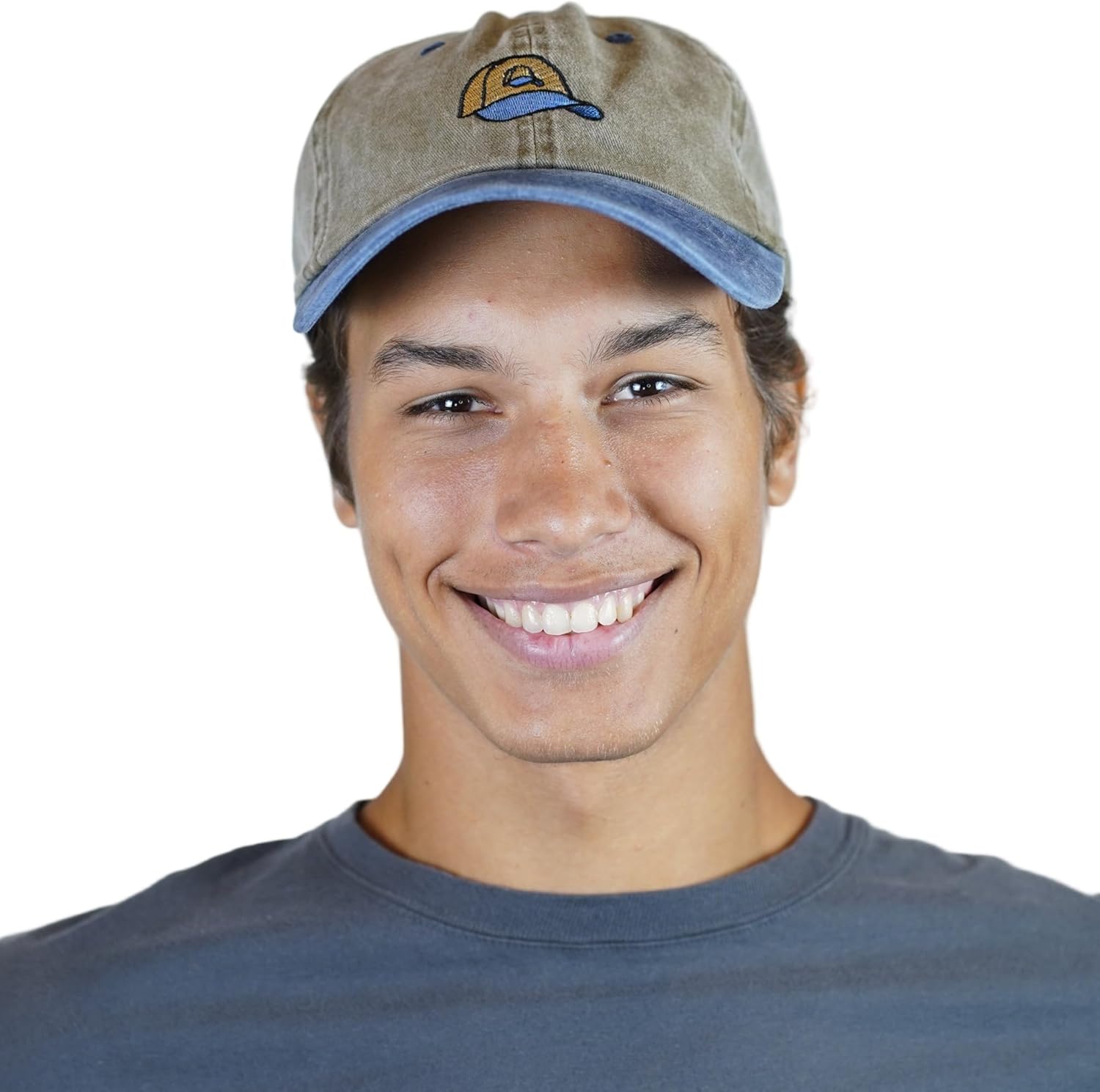 Dad Brand Hat3 (Hat Cubed) Two-Tone Dad Hat for Men - Embroidered 6-Panel Unstructured Cotton Cap, Adjustable Buckle Strap, Curved Brim - Funny Dad Gift Hat Tan/Blue