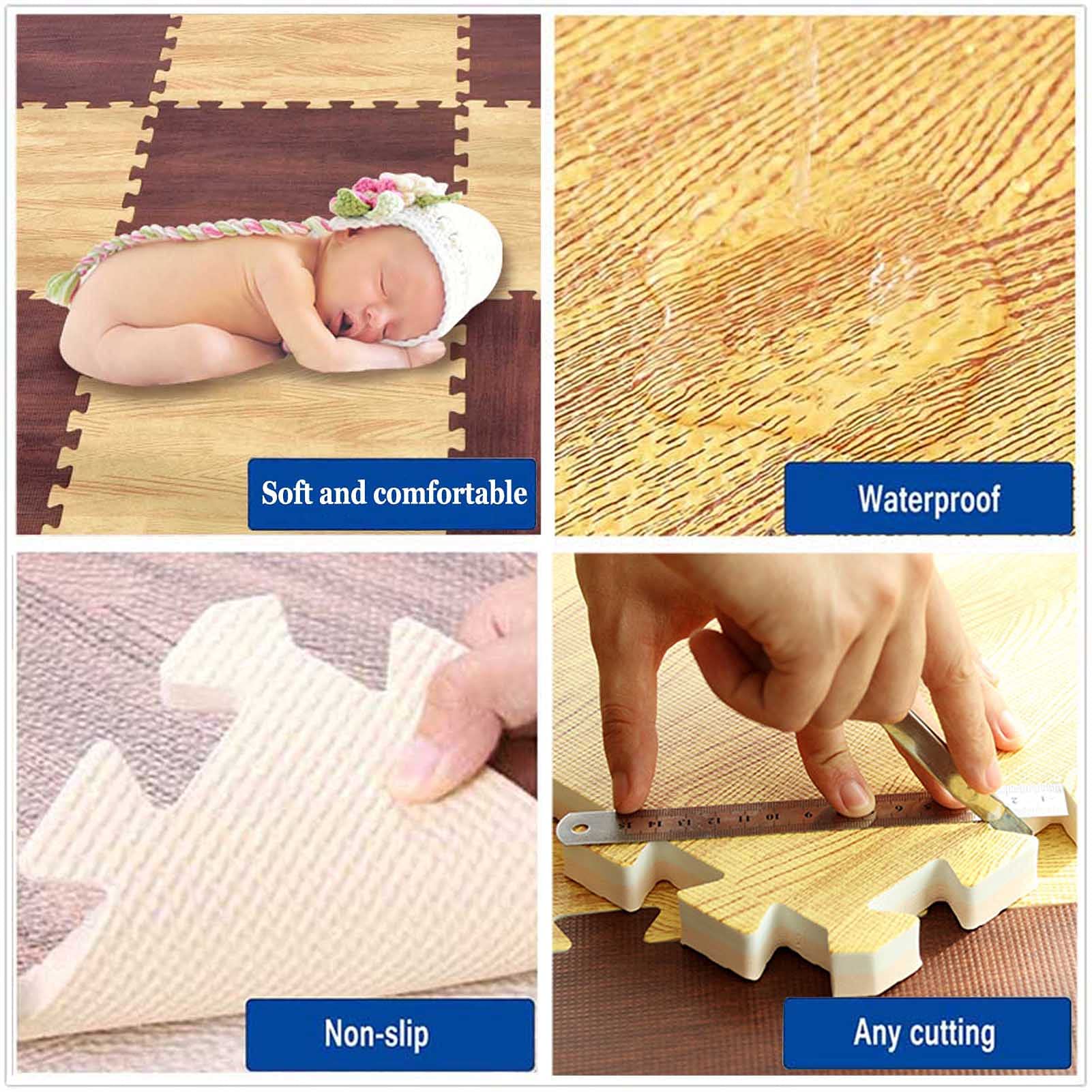 Große Ineinandergreifende Schaumstoffmatten Puzzle-Sportmatten in Holzeffekt,Gymnastikmatten,Bodenschutzmatte,Weichschaum-Puzzlespielmatte Für Baby Kinder,60X60x1cm,Braun,4pcs
