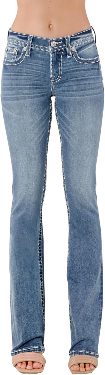 Miss Me Women's Floral Fleur De Lis Embellished Pockets Mid-Rise Bootcut Jeans