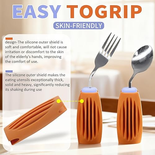 Miniatura 3 de Thick Solid Weighted Adaptive Utensils Set  Non-Slip Spoon & Fork with Silicone Handle for Hand Tremors, Parkinsons, Arthritis (Purple and Brown,