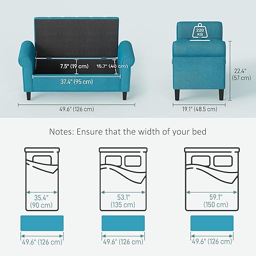 Miniatura 3 de HOMCOM Banco Otomán de Almacenamiento de 50", Banco Tapizado para Pie de Cama con Brazos Curvos, Patas de Madera, Banco de Almacenamiento