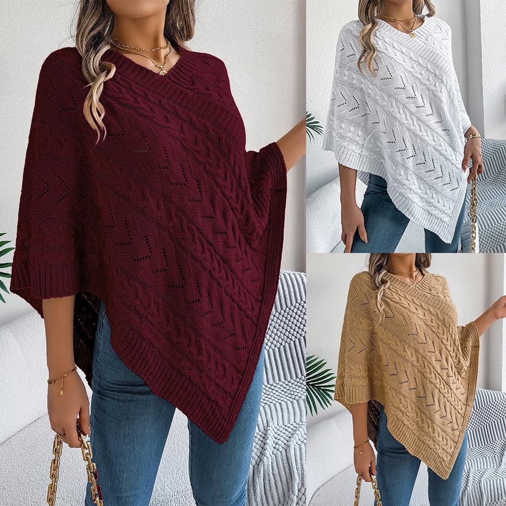 Maglione poncho da donna oversize con scollo a V, stile casual, elegante mantello scialle lavorato a maglia