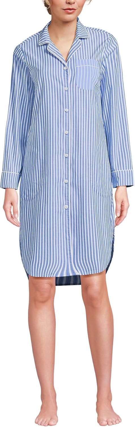 Lands' End Women's Cotton Poplin Long Sleeve Sleepshirt Nightgown