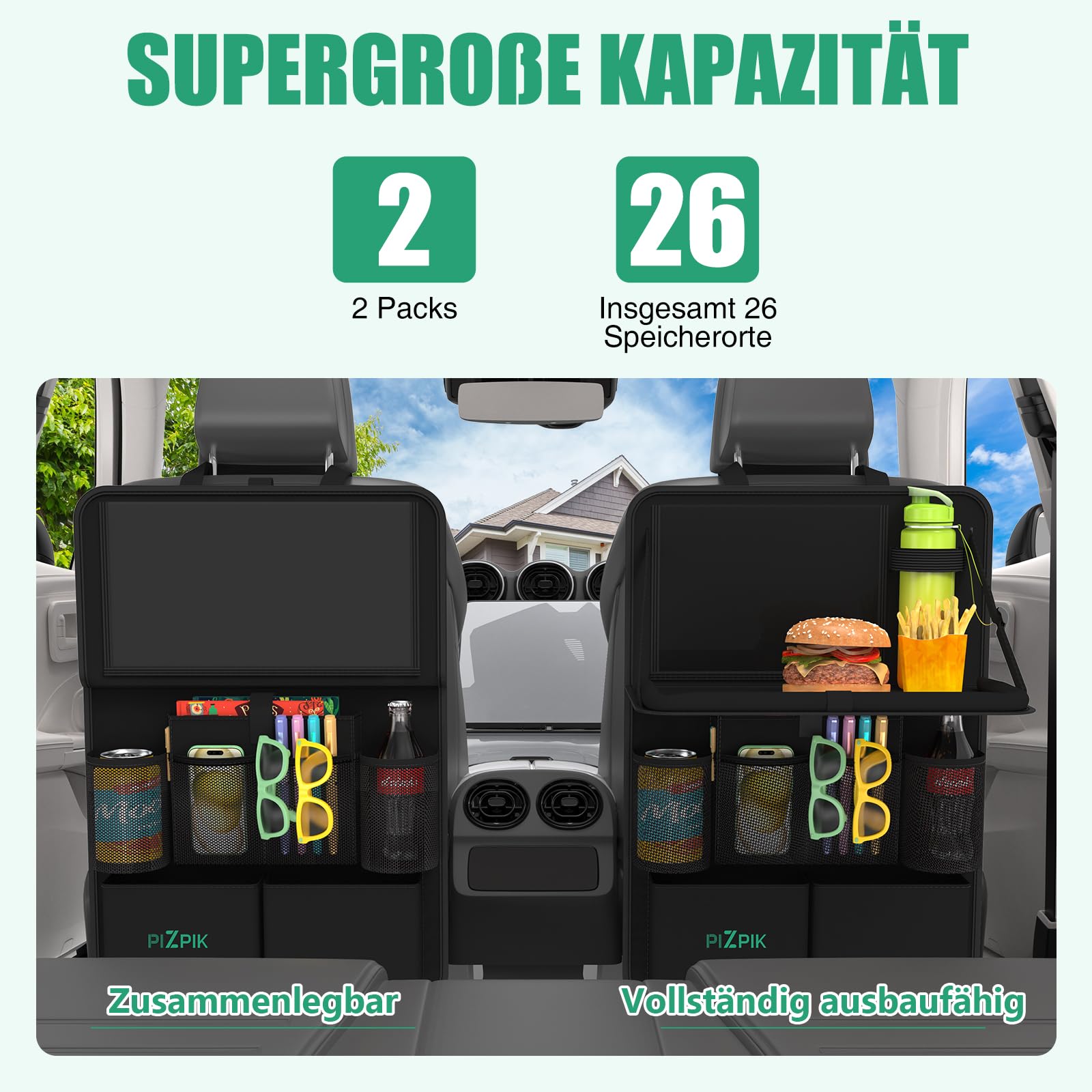 Plzpik Auto Organizer, 2 Große Rückenlehnenschutz, Autositz Organizer Kinder mit Klapptisch, 12 Taschen, Wasserdichter Rücksitzschutz, Auto Reisezubehör (Schwarz, 2 Stück)