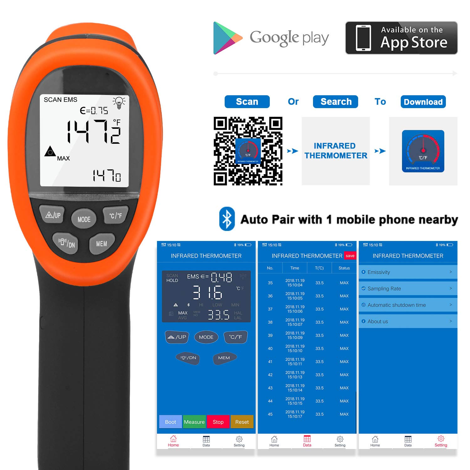 BTMETER BT-985CAPP Industrial Infrared Thermometer, 12:1 Distance Spot Ratio, Digital Non-Contact HVAC Laser Temperature Gun Test Temp -58℉~1472℉ for Kitchen Pizza Oven,NOT for Human
