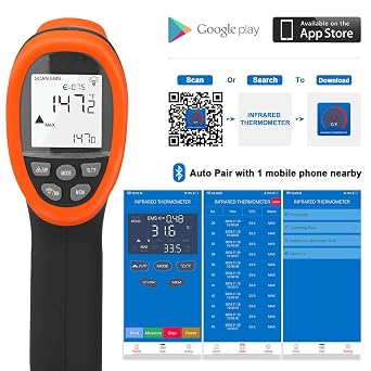 BTMETER BT-985CAPP Industrial Infrared Thermometer, 12:1 Distance Spot Ratio, Digital Non-Contact HVAC Laser Temperature Gun Test Temp -58F~1472F for Kitchen Pizza Oven,NOT for Human