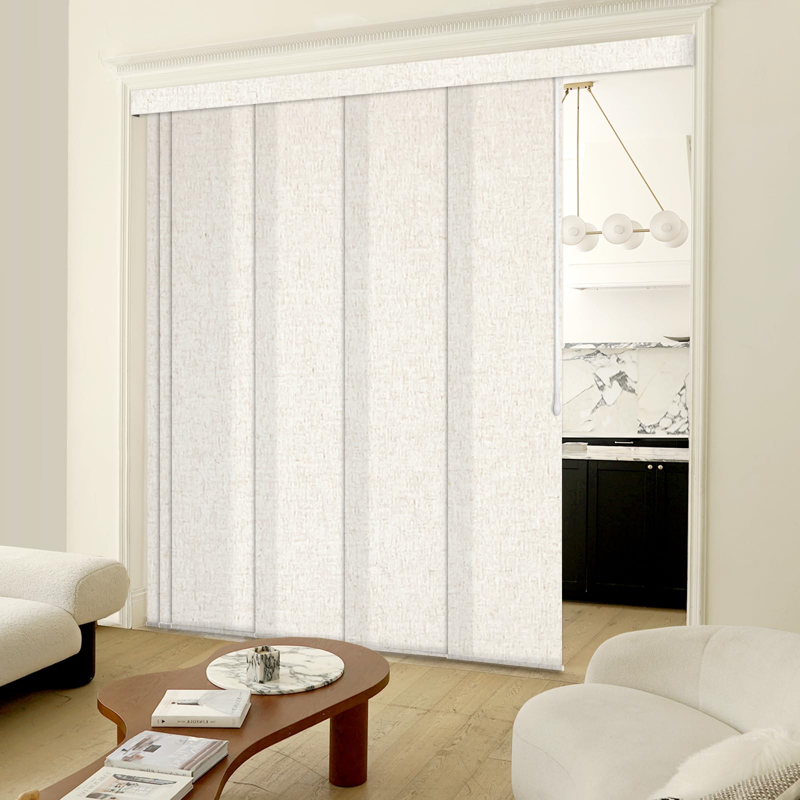 Adjustable Panel Track Blinds Light Filtering Vertical Blinds with Valance, Room Dividers, Retractable Track from 74" to 133" W, Trimmable Panel Up to 102" H (Linen Beige)