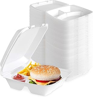 Stock Your Home 9x9 Clamshell Take Out Boxes (25 Pack) Large 3-Compartment Foam Food Containers Disposable Lunch Containe...