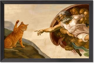 God Creates Cat Wall Art, 8X10 Inch Black Framed Michelangelo Inspired Painting Poster, Renaissance Cat Canvas Print, Humor Art For Home Office Bedroom Living Room Ready To Hang