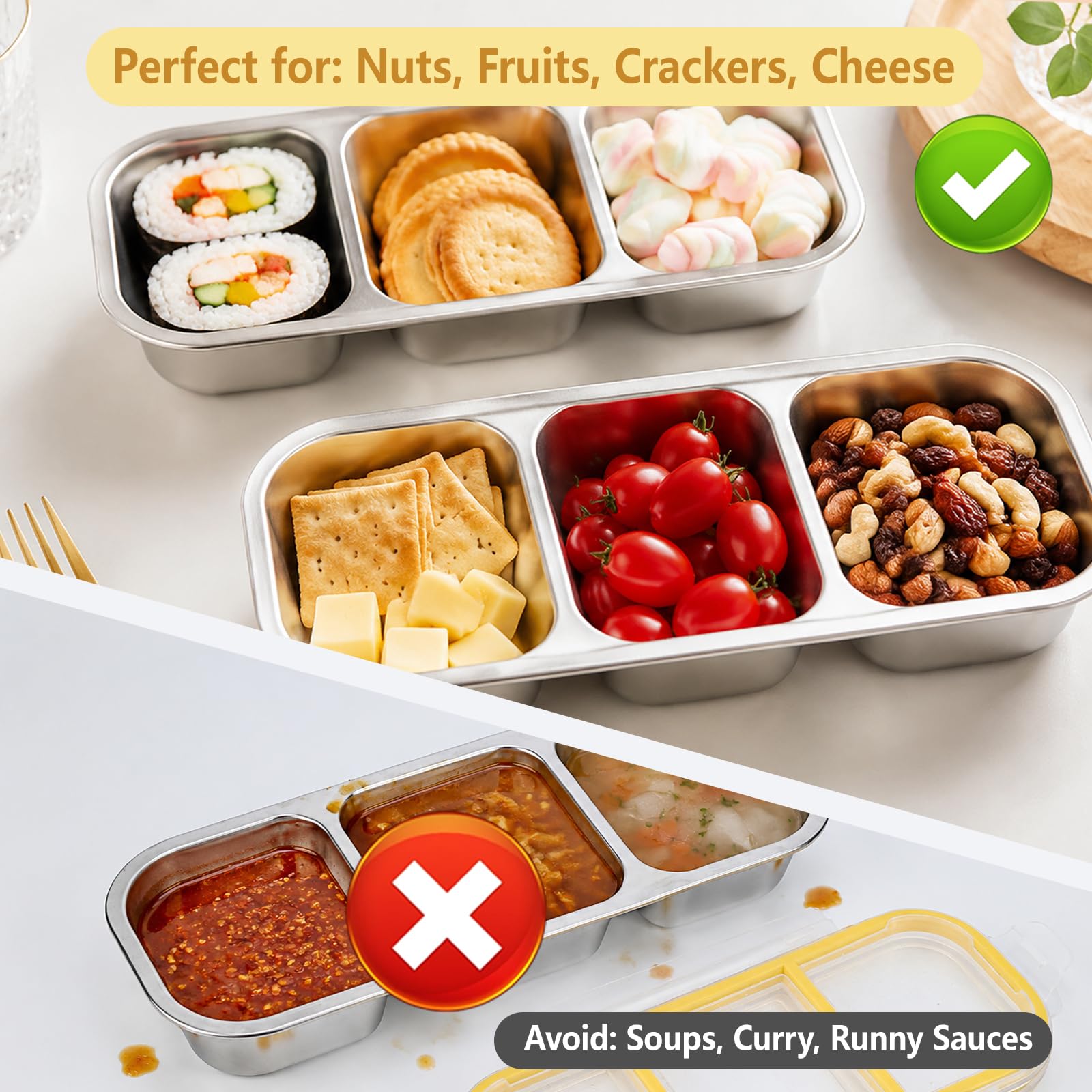 Snackbox mit Fächern,2 Stück 600ML Edelstahl Snackbox | BPA-frei Brotdose Mit Fächern Bento Box für Schule,Arbeit