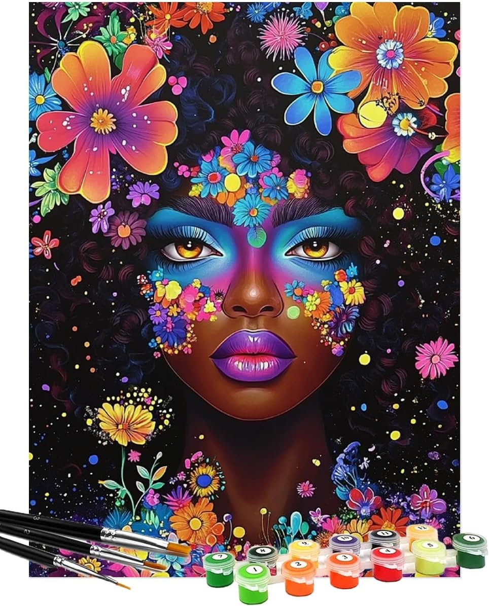 African American Curly Hair Woman Paint by Numbers Kit for Adults Beginner 12x16 Inch Acrylic Oil Painting by Numbers Kits with PaintBrushes Art Crafts Canvas for Home Decor 3459