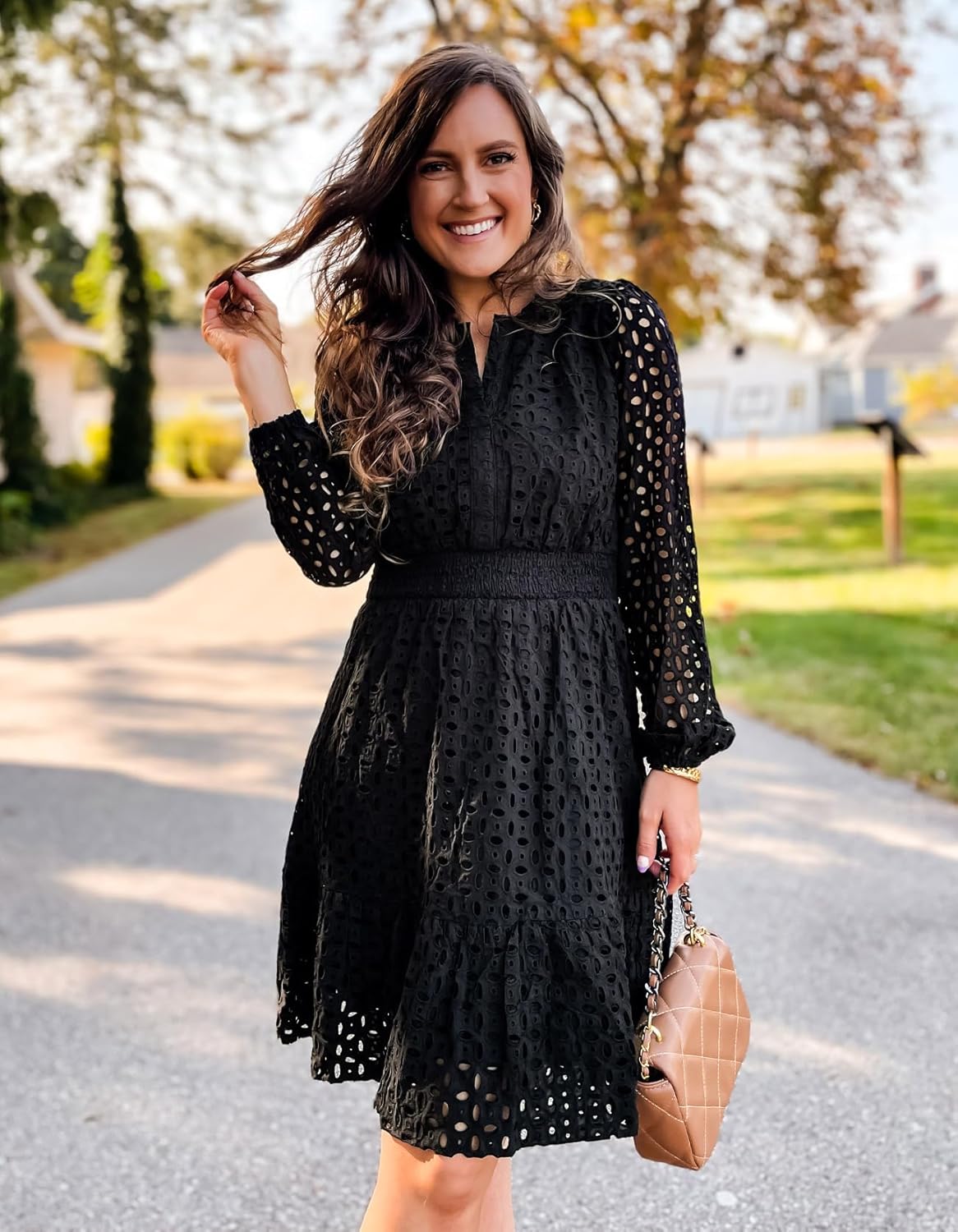 ZESICA Women's 2026 Long Sleeve Mini Dress Fall V Neck Hollow Out Eyelet Embroidery Ruffle A Line Swing Short Dresses - Image 2