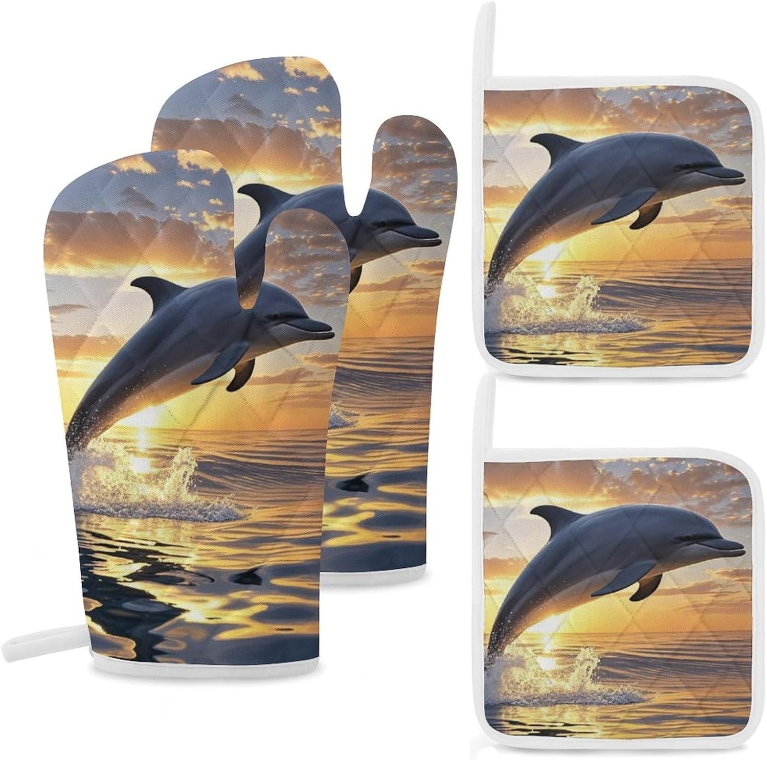 Dolphins Jumping Out of The Water at Sunset Oven Mitts and Pot Holders Set 4 Kitchen Oven Glove Cooking Mitts with Hanging Loop Heat Resistant Potholder Set for Chef Baking Cooking Grilling
