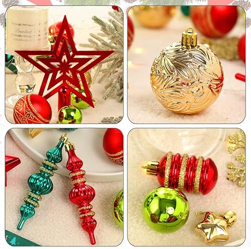 Miniatura 4 de Adornos para árbol de Navidad, paquete de 78 adornos para árbol de Navidad, bolas de Navidad rojas y verdes, doradas, inastillables, juego surtido