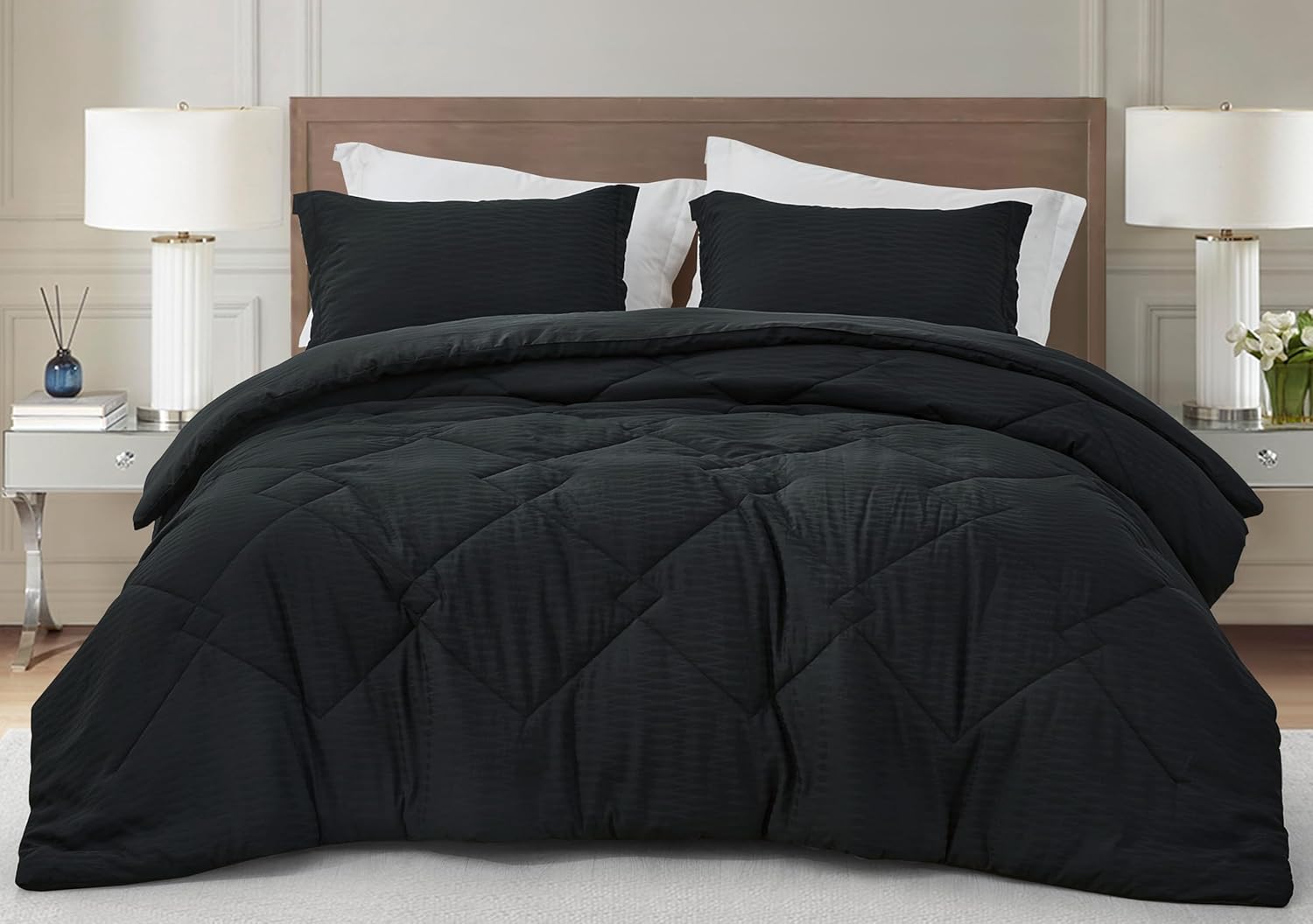 Chezmoi Collection Hugo 3-Piece Textured Thin Comforter Set - Lightweight Woven Design - Soft Microfiber Bedding for All Season, Queen, Black
