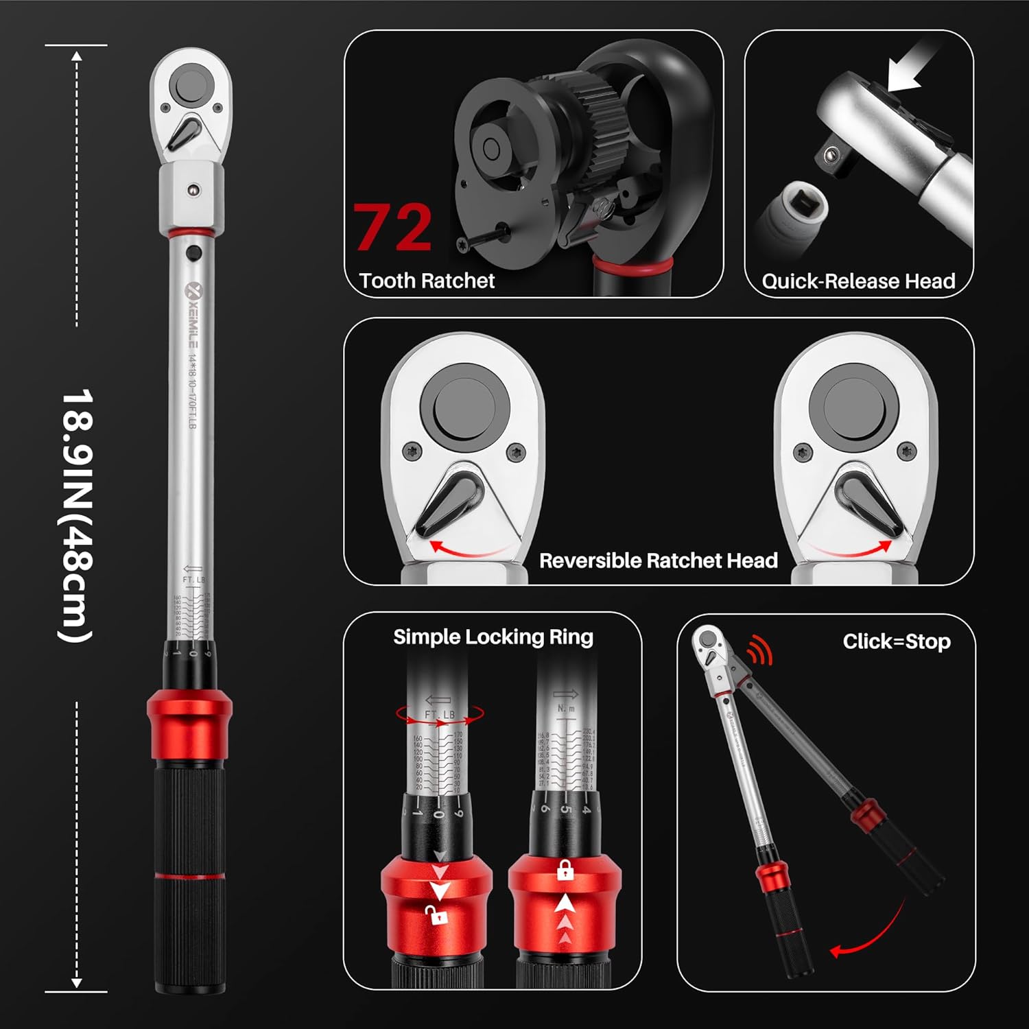 Adjustable Torque Wrench 1/2" Drive-10-170 Ft-Lb/13.6-230.5Nm,40MM Open End Torque Wrench,1/2 Inch Pound Torque Wrench with Interchangeable Jaw&Ratchet Head for HVAC,Car, Moto, Narrow Pipeline