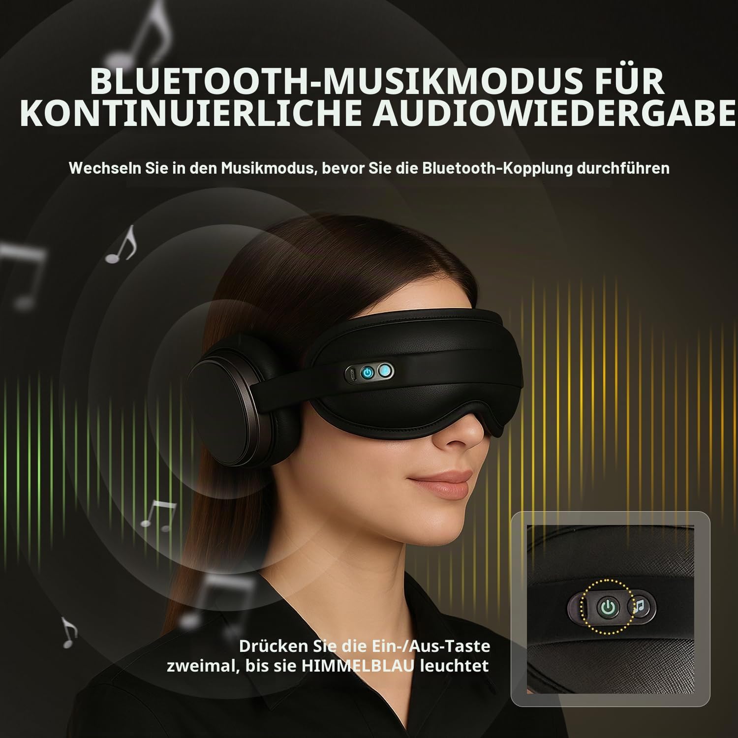 HubiCare Ohrenschützer Augenmaske mit Wärmetherapie und Bluetooth-Musik, Kopfhörer zum Konzentrieren, Entspannen, Besseren Schlafen, Meditieren und Lindern von Verspannungen (schwarz)