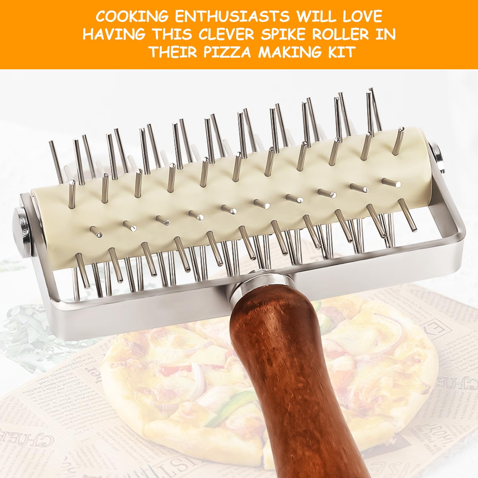 Rullo per Pizza Impasto, Rullo per pizza con punte in Acciaio Enox, Buca Impasto e Pizza, Rullo Bucasfoglia per Pasta, Manico in Legno in Acciaio inox, Domestico Cottura Pasticceria Strumenti