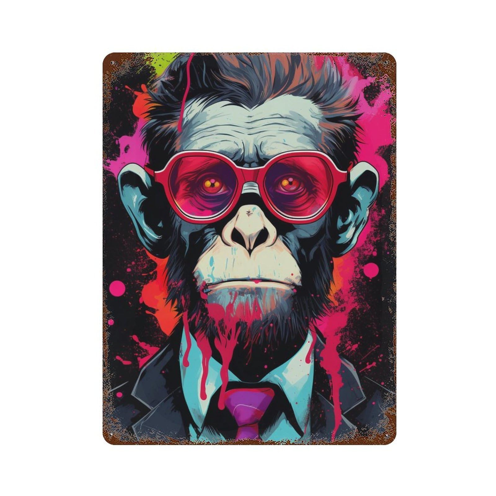 Chic Monkey in Sunglasses Rust Effect Tin Sign 15.7"x11.8", Industrial Home Decor for Basement, Hobby Room And Garage Decor