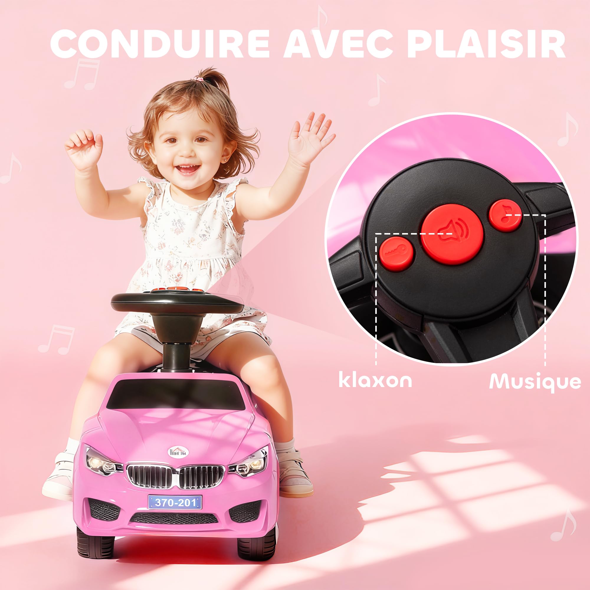 HOMCOM Voiture à Pousser Enfants avec Coffre à Jouets, Klaxon, Phares, Musique, 18-36 Mois, Rose