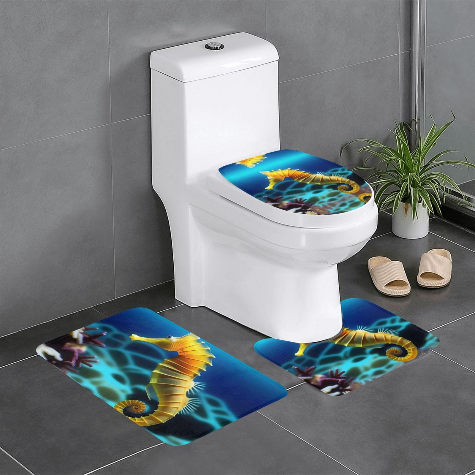 Tapis de bain hippocampe antidérapant lot de 3 pour toilettes et coiffeuse
