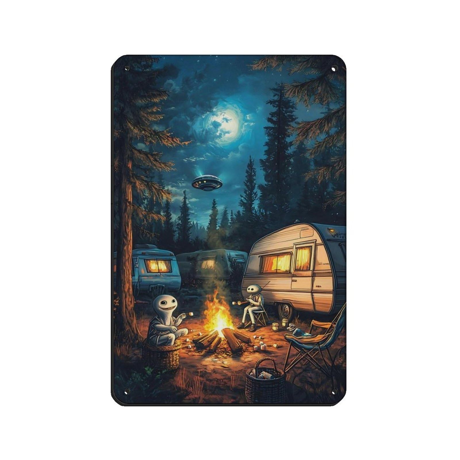 Lxwnze 20L X 30W Cm Alien Campfire,Spaceship Night Forest Tin Sign Vintage Metal Pub Club Cafe Bar Home Wall Art Decoration Poster Retro 8X12inch(20X30cm)