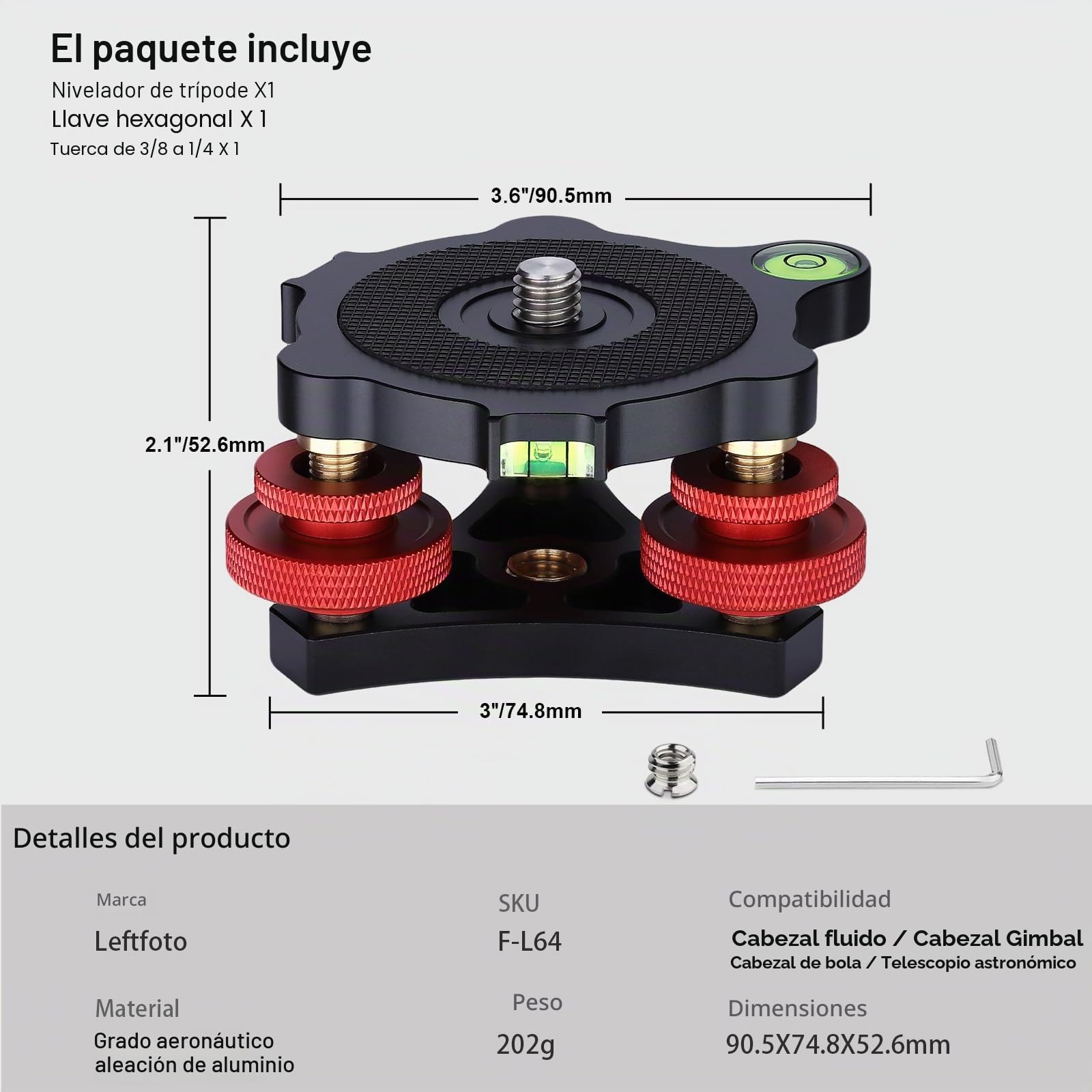 Nivelador de trípode con ajuste de precisión de +/-5 grados para cabezal panorámico, cabezal de bola, cabezal de video y trípode