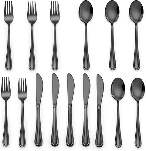LIANYU Juego de cubiertos negros de 15 piezas para niños pequeños, de acero inoxidable, juego de cubiertos para 5 personas, incluye cuchillo