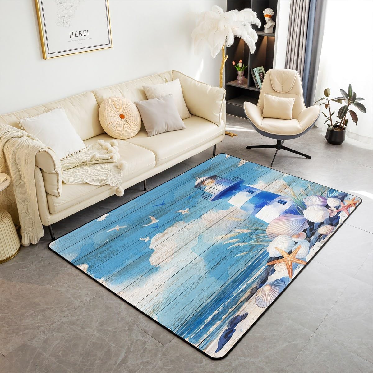 jejeloiu Beach Theme Living Room Rugs for Bedroom Area Rug 5x7 Kids Summer Ocean Starfish Seashell Pattern Decor Carpet for Boys Girls Retro Vintage Wood Plank Sea Lighthouse Indoor Floor Mat