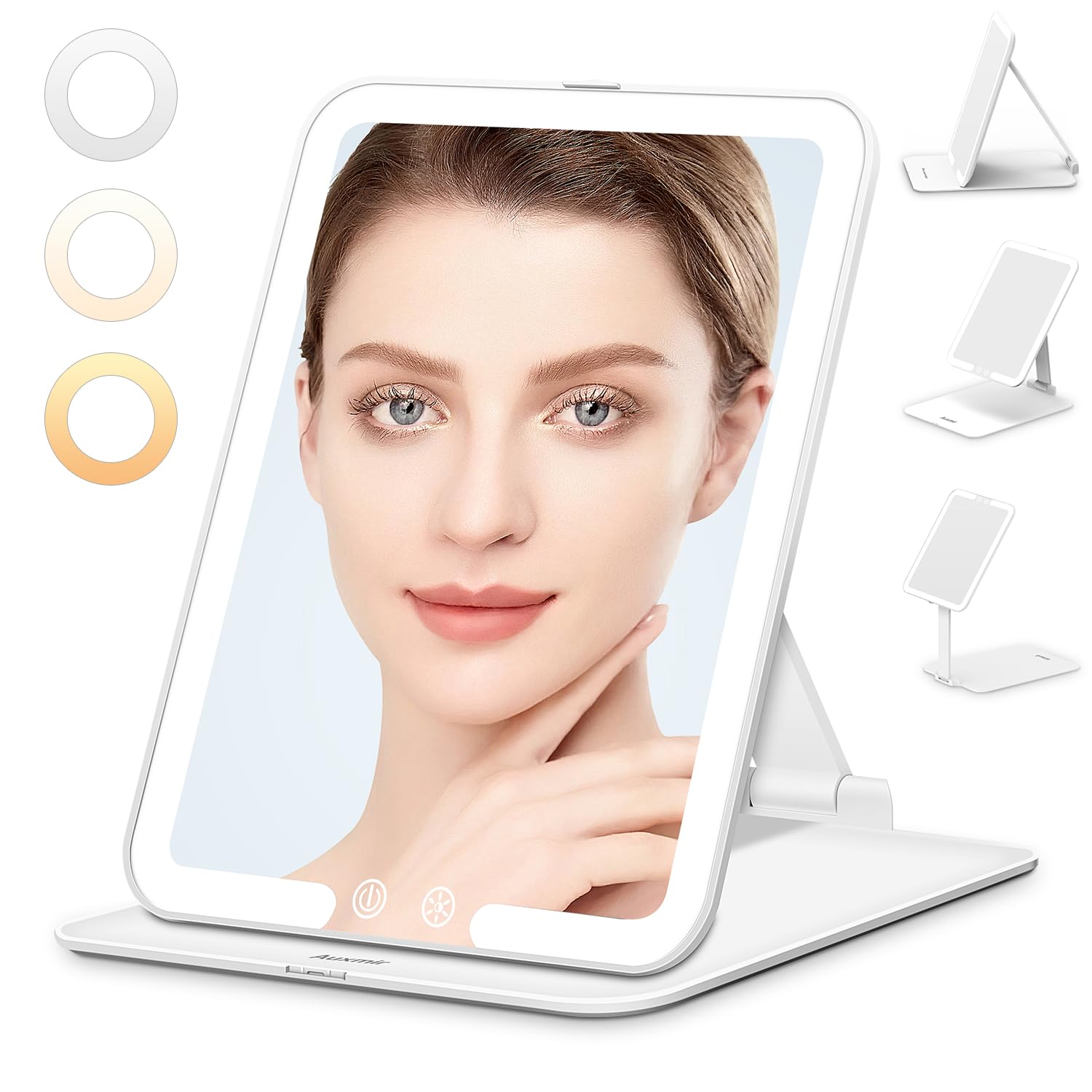 Auxmir Espejo Maquillaje con Luz Recargable, 3 Colores de Luz, Brillo Ajustable, con Sensor Inteligente y Control Táctil, Espejo Plegable, Función de Memoria, para Tocador Viaje