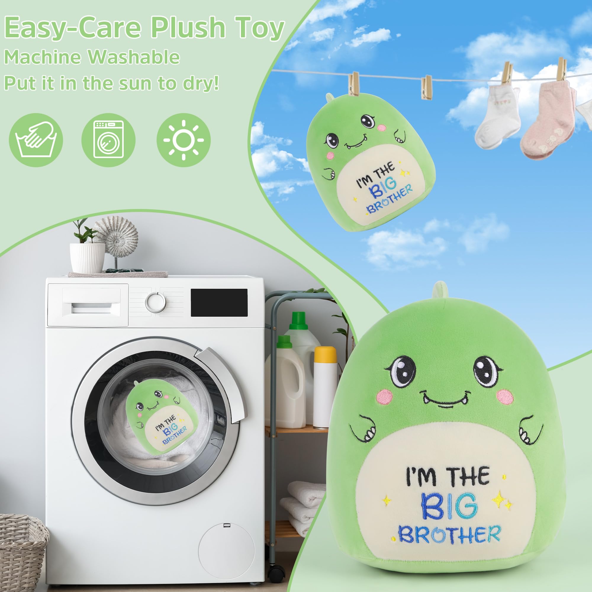 Big Brother Dinosaur Stuffed Animals: 9-Inch Cute Green Dinosaur Plush Toys, I’m The Big Brother Plushie Pillows, New Sibling Gifts for Boys Baby Shower Present