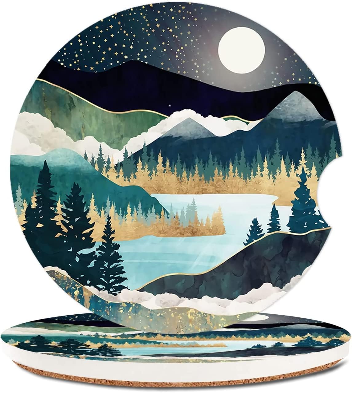 Mountains Nature Scenery 2 Pack Car Coasters, Absorbent Car Coasters for Cup Holders Ceramic Car Cup Holder Coaster with Cork Back and Finger Slot Cute Auto Accessories Gifts