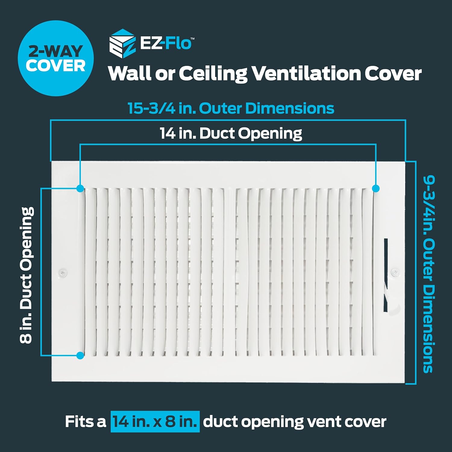 EZ-FLO 14 x 8 Inch (Duct Opening) Air Vent Cover for Wall or Ceiling, Two-Way Ventilation Register, Solid Steel HVAC Register Cover, White, 61662