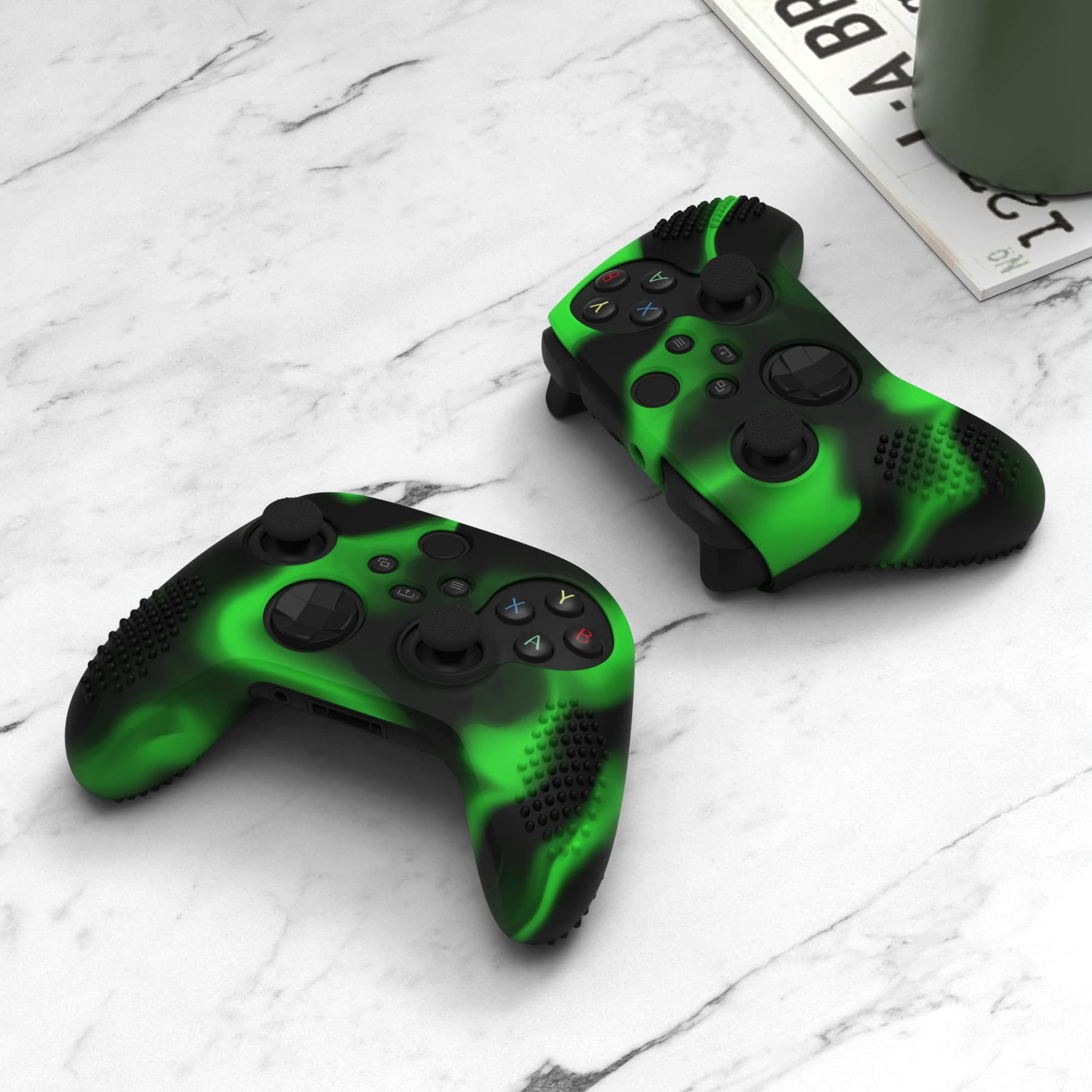 eXtremeRate PlayVital 3D Studded Edition Anti-Slip Silicone Cover Skin for Xbox Series X Controller, Soft Rubber Case Protector for Xbox Series S Controller with Black Thumb Grip Caps - Green & Black - 5