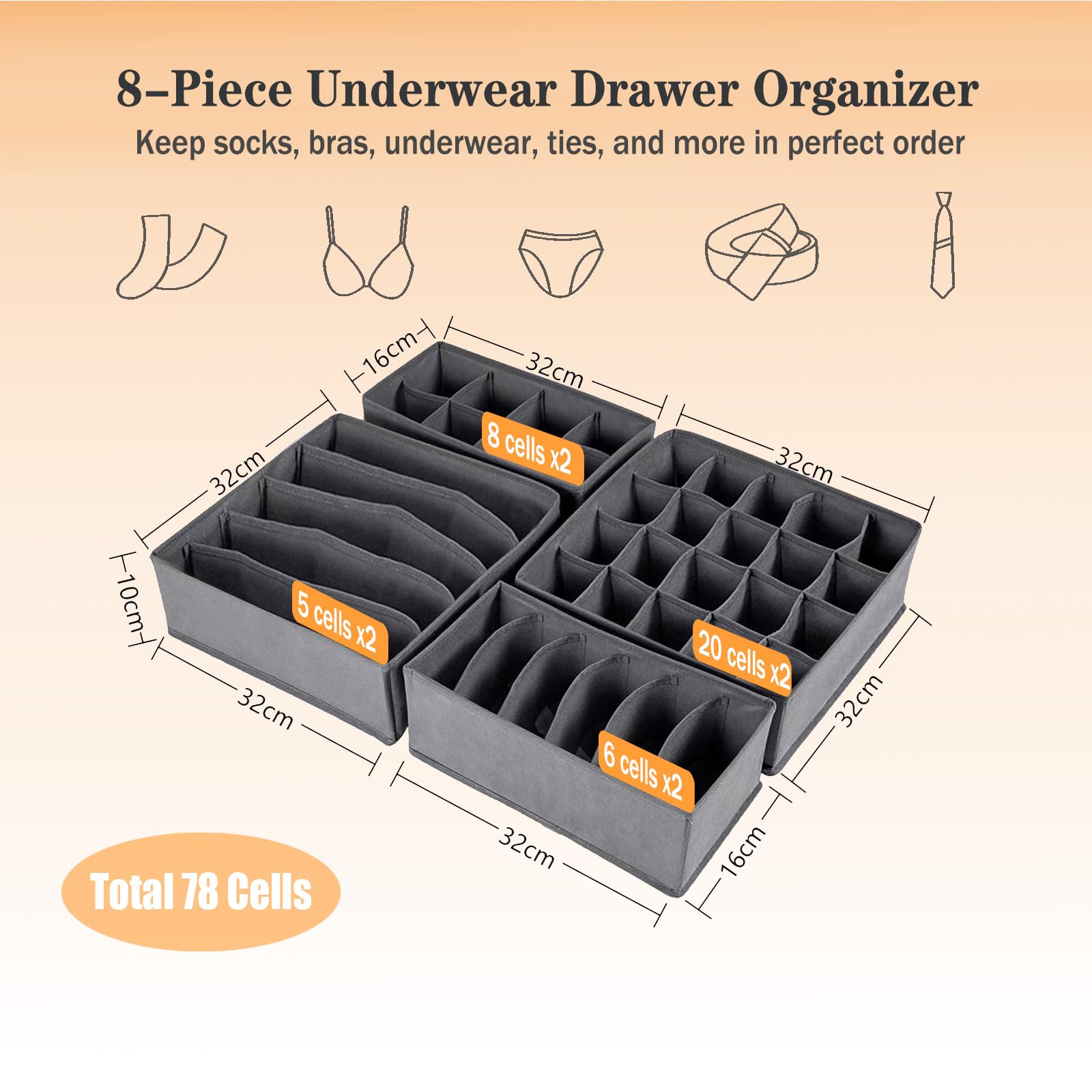 Yucch Set di 8 Organizer per Cassetti Intimo, Divisori Pieghevoli Salvaspazio per Biancheria, Reggiseni, Mutande, Calzini e Cravatte, Grigio Scuro