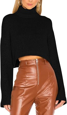 Jumppmile Womens Cropped Turtleneck Sweater Long Sleeve Pullover Top
