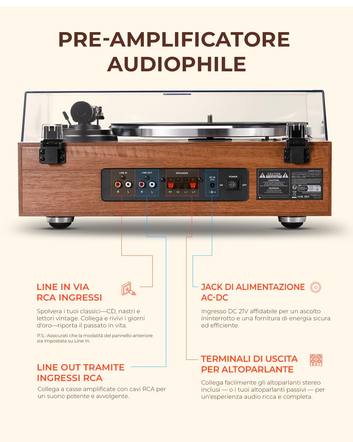QLEARSOUL HiFire X Giradischi Vinile, Sistema Hi-Fi Audiophile con Casse da Libreria 100W, VU Meter, Preamp DSP, Supporta 33/45 RPM, RCA LINE IN | OUT, Connettività Bluetooth