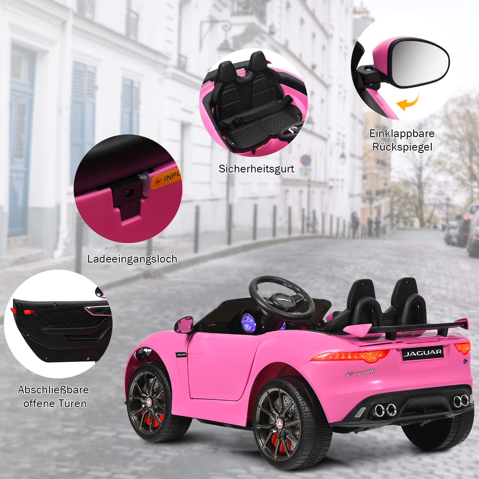 COSTWAY Jaguar Elektro Kinderauto mit Geschichten & Musik & Hupe & Scheinwerfer, 12V Kinderfahrzeug mit 2,4G Fernbedienung, Elektroauto 3-5km/h für Kinder ab 3 Jahre (Rosa)