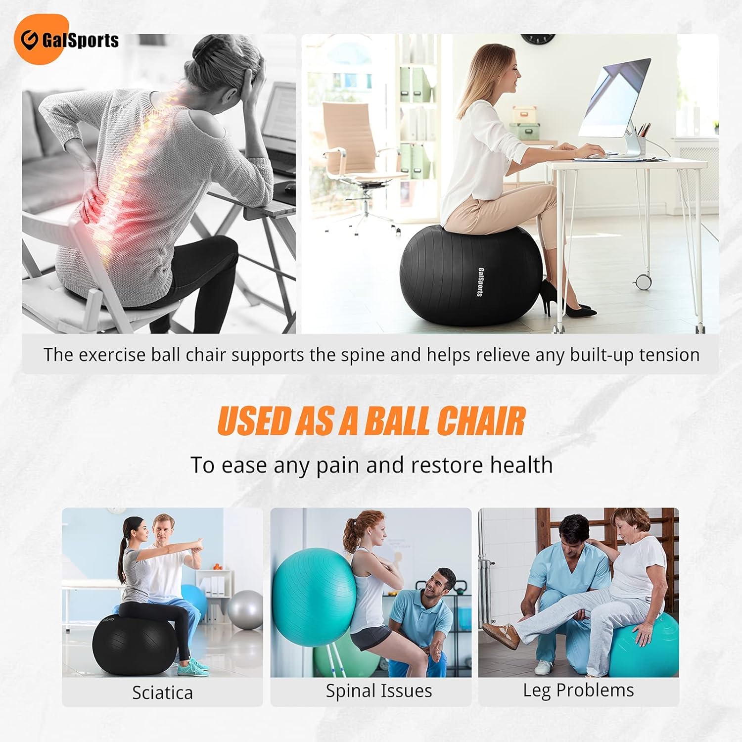 GalSports Exercise Ball (45cm-75cm), Yoga Ball Chair with Quick Pump, Stability Fitness Ball for Core Strength Training & Physical Therapy : Sports & Outdoors