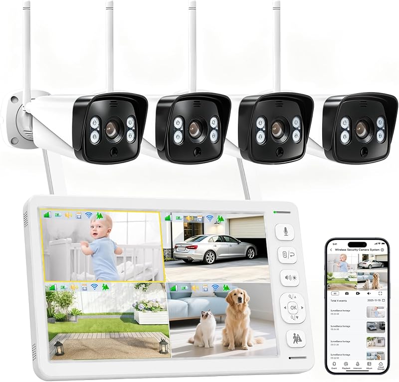 VTimes 4Pcs Smart Home Security Camera System with Monitor,AI Human Dection | 2-Way Audio, 4 Cameras, No Blind Spots, Night Vision, IPX6 Waterproof, Long-distance signal connection