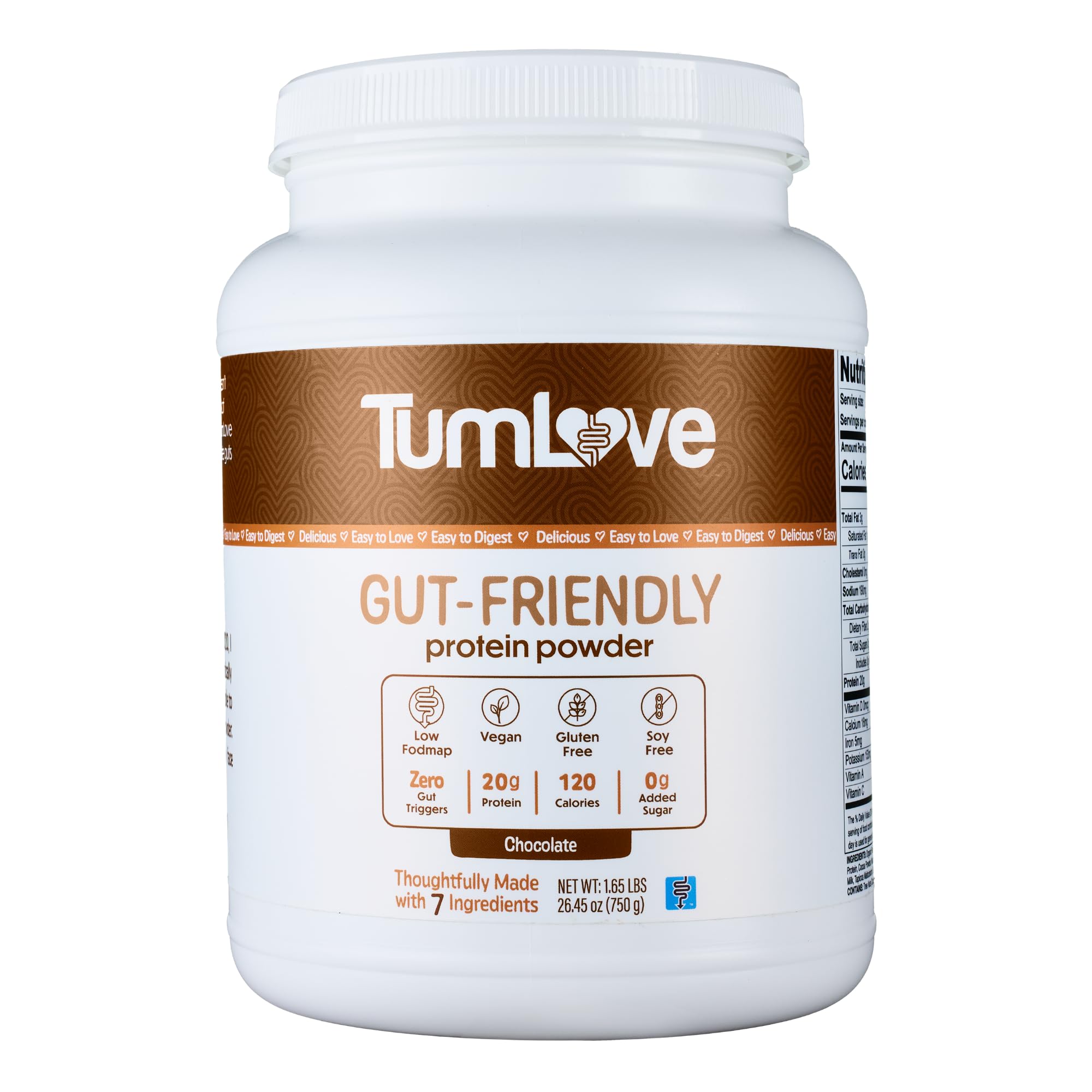 TumLove Vegan Protein Powder - Low FODMAP Certified, Gluten-Free, Dairy-Free, Soy-Free, 100% Gut-Friendly & Non-Bloating, Chocolate (25 Servings)