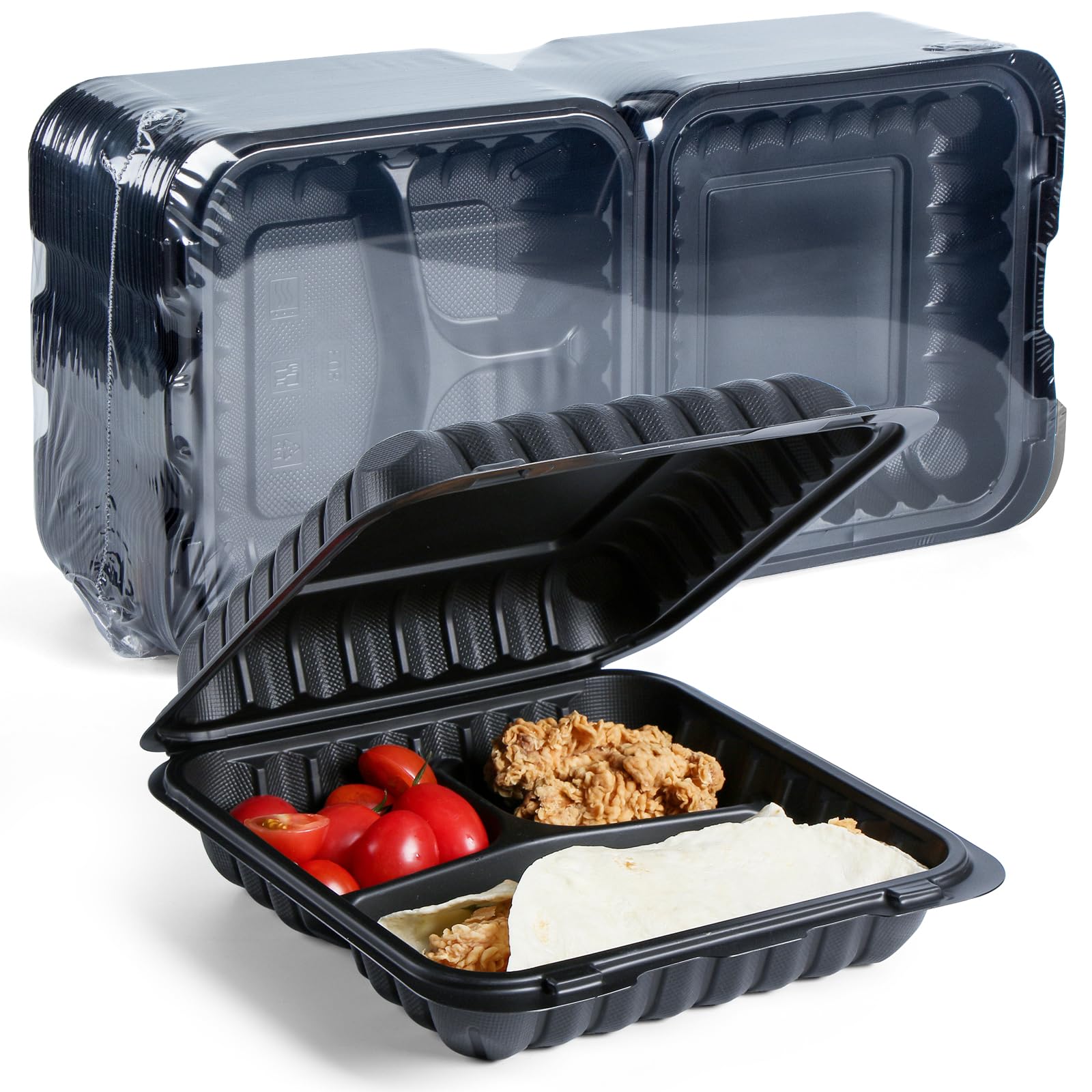 YANGRUI Food Containers Mineral Filled PP Plastic - 55 Pack 8x8 34 oz BPA Free | Shrink Wrap Microwave Safe | Reusable & Disposable Heavy Duty Clamshell Takeout | Black To Go 3 Compartment Lunch Box