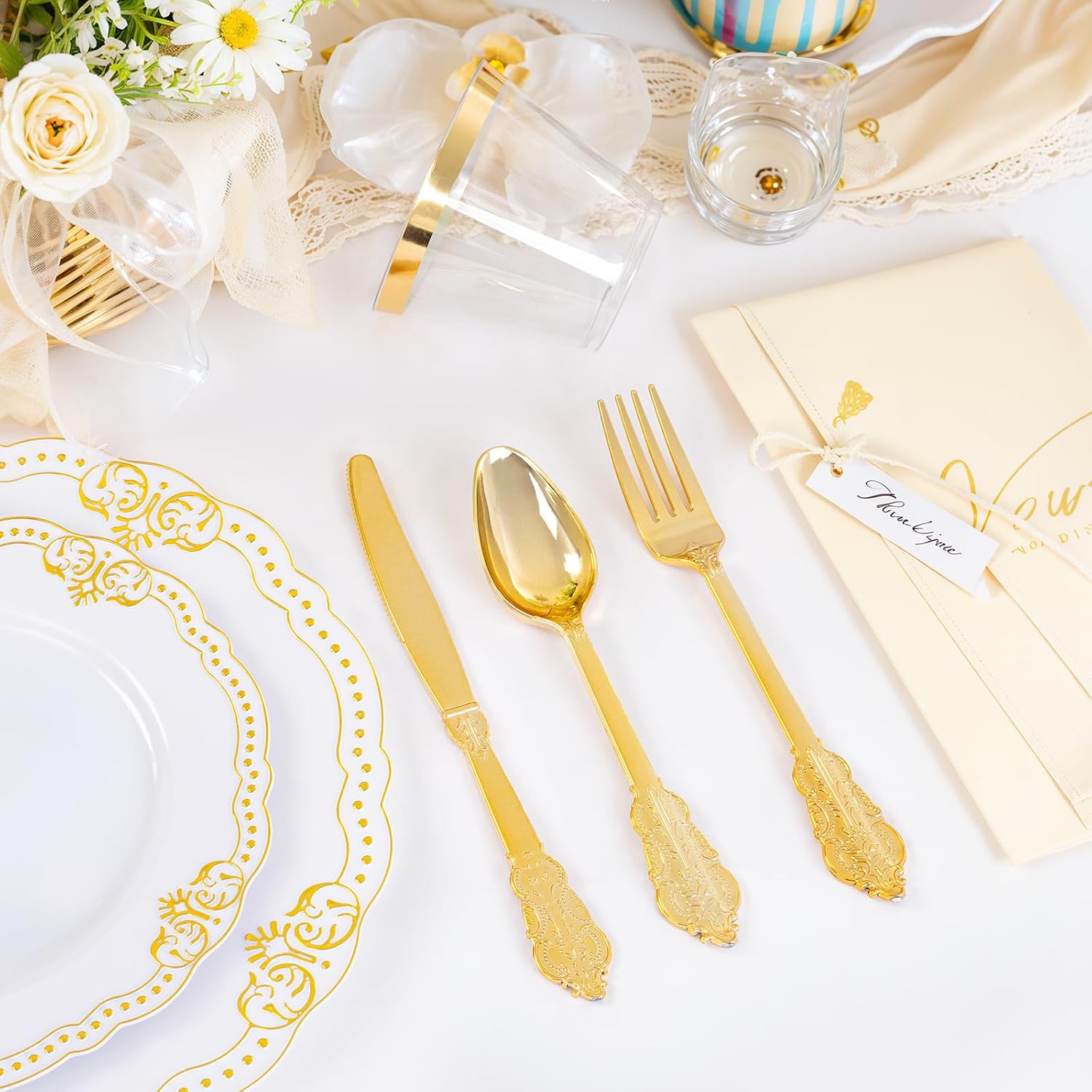Ciaell 350 PCS Gold Plastic Plates - White and Gold Plates - Gold Disposable Plates Include 50 Disposable Plate, 150 Heavy Duty Silverware, 50 Cups, 50 Napkins for Wedding & Party