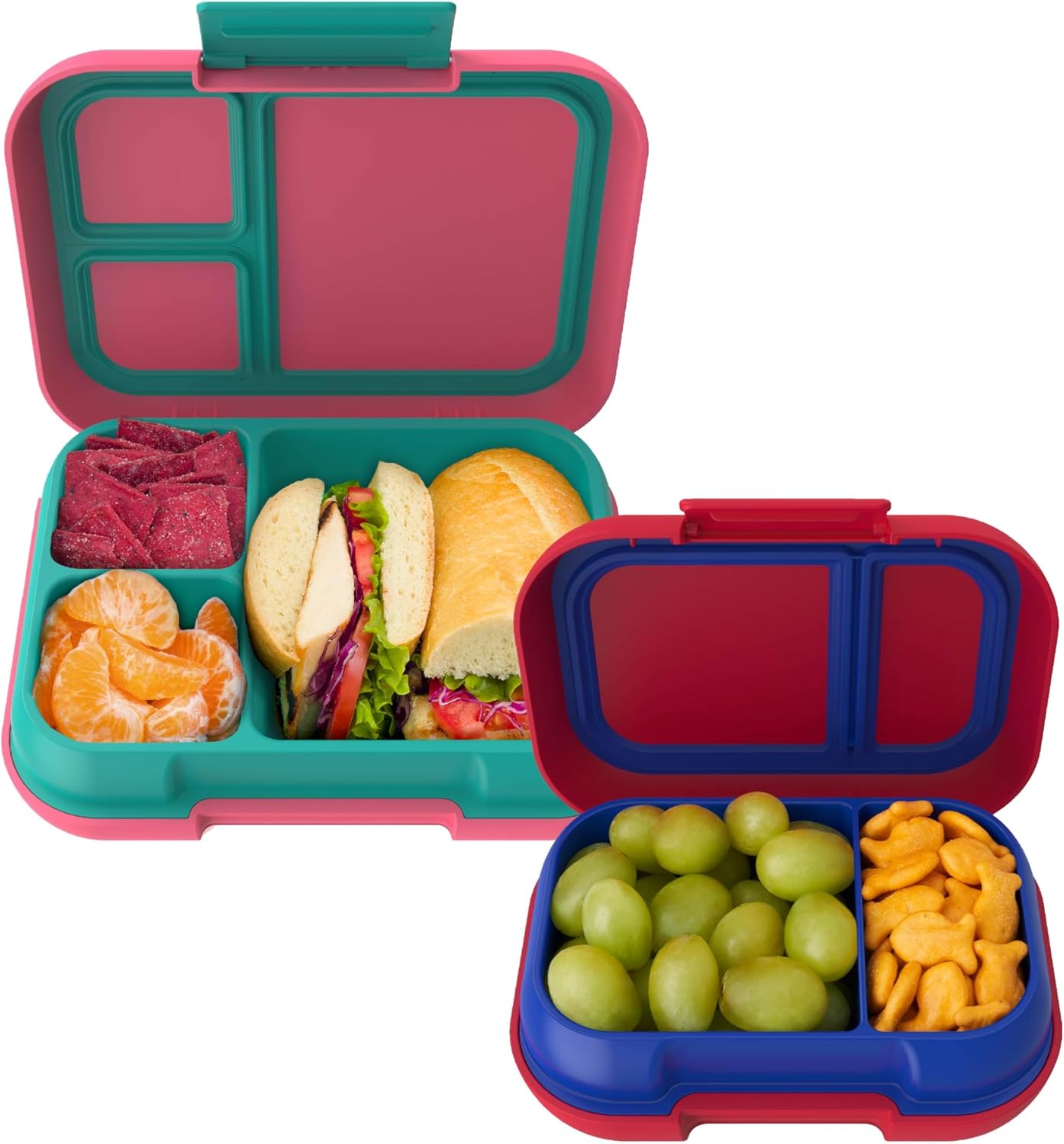 Bentgo Pop Lunch Box (Bright Coral/Teal) Set With Kids Bento-Style Snack Box (Red/Royal)