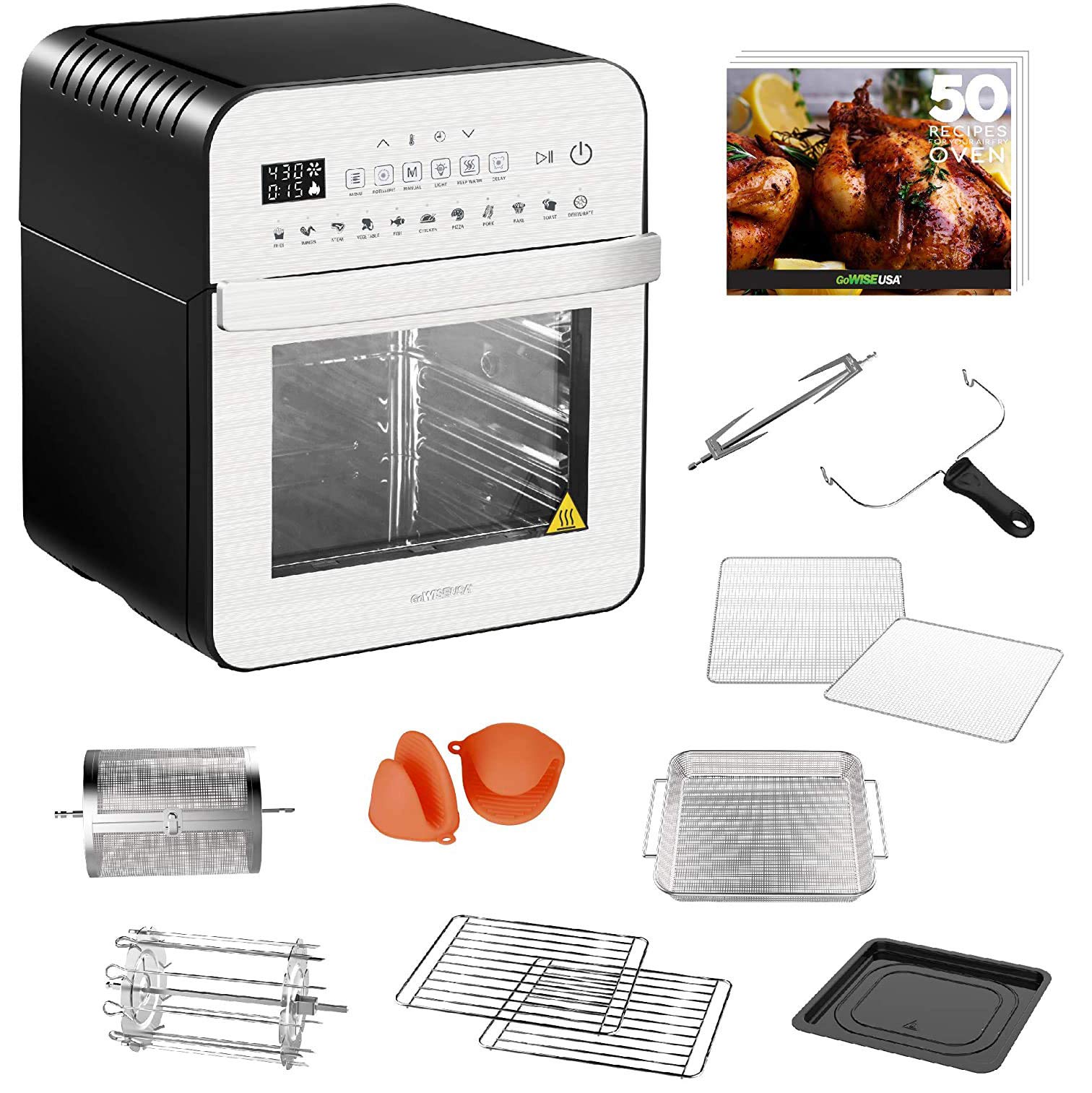 GoWISE USA GW44804 Air Fryer Toaster Oven with Rotisserie + Dehydrator and 11 Accessories + 50 Recipes, Ultra (Silver/Black), 12.7 quart