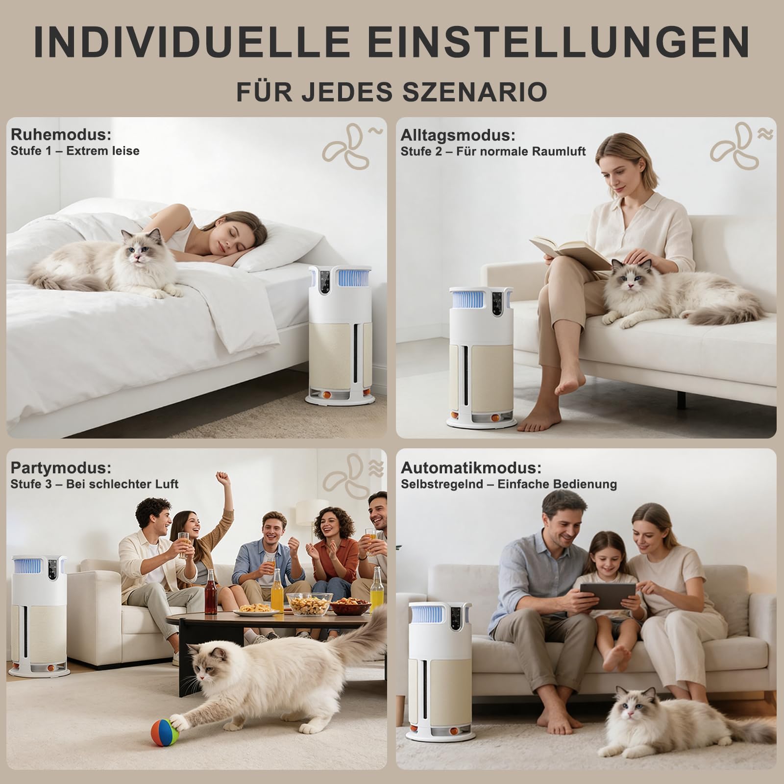 JUMMICO Haustier-spezifischer Luftreiniger - Air Purifier 100m² Abdeckung, abnehmbares Kratzbrett + 3 Bälle, H13 HEPA-Filter, CADR 350m³/h, APP-Steuerung, leise, entfernt Tierhaare & Gerüche