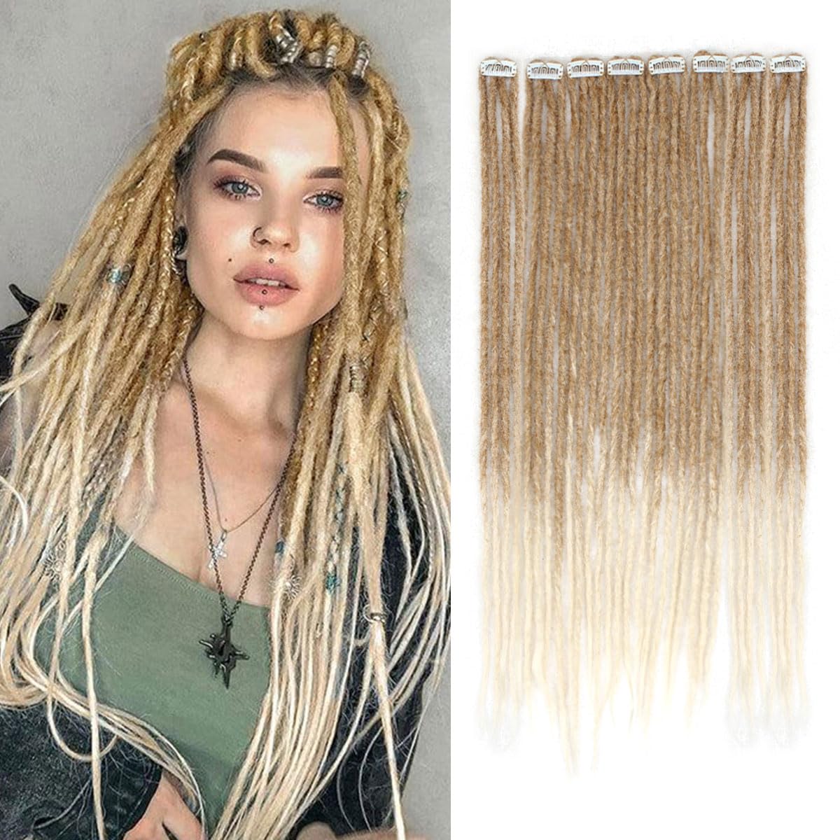 Pouweney 8PCS Clip in Dreadlock Extensions, 24 inch Synthetic Clip-in Dreads Extensions Handmade Soft Thin 0.6cm Width Dreadlocks(Brown/Blonde,