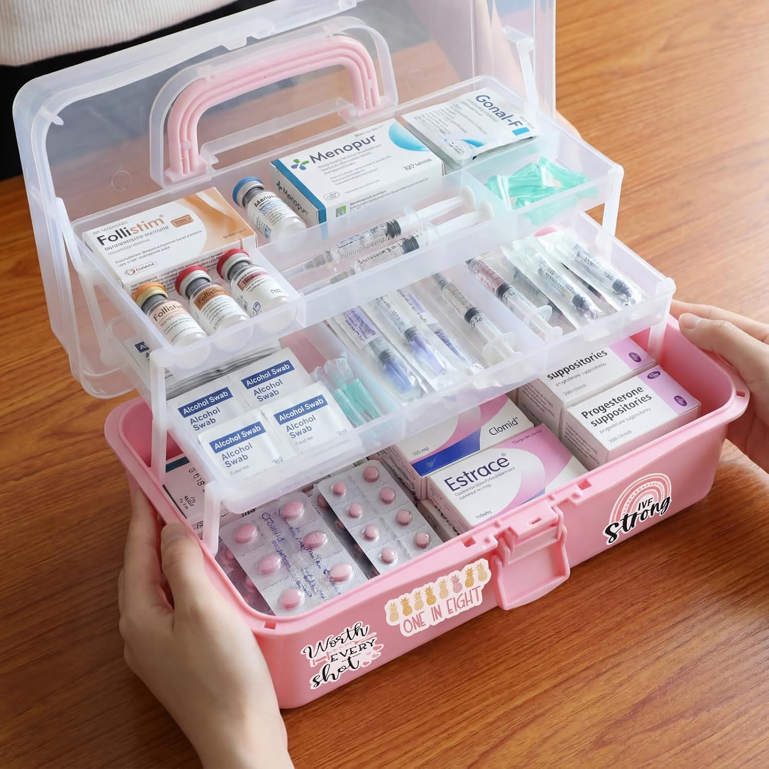 Mifoci IVF Medication Organizer Gift Caddy Box 3-Layer Plastic Dividing Storage with Adjustable Spacers IVF Meds Must Haves Organize Supplies Womens Dividers Containers(Pink)