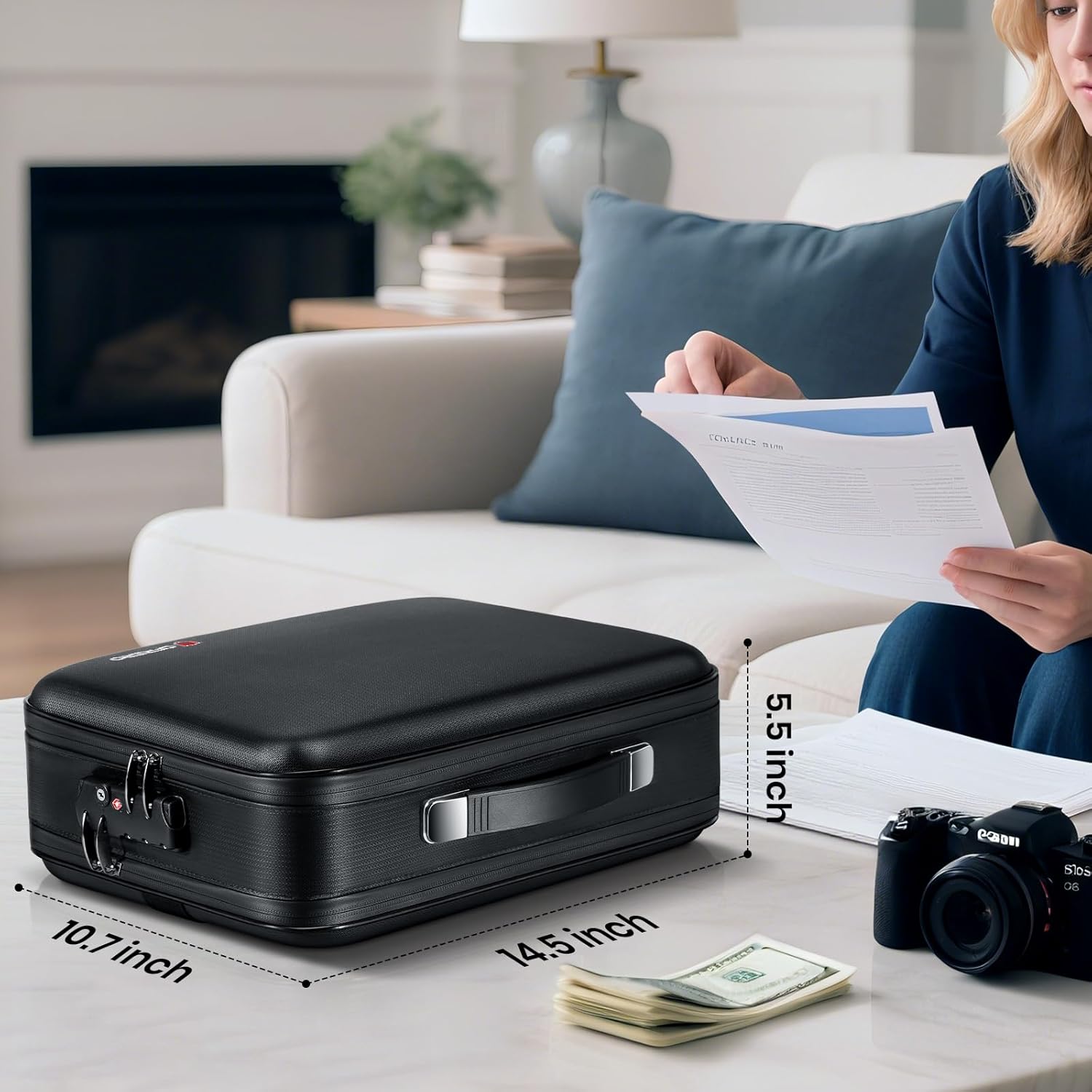 Fireproof Document Box Double-Zip, Hard-shell Waterproof Fire Proof Bag with Lock & File Folder, Portable Safe Organizer for Home Office Documents, Important Valuables Storage, Travel/Emergency Carry